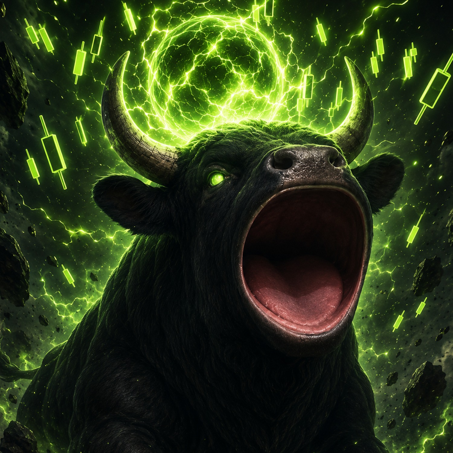 POPBULL roaring surrounded by green candles