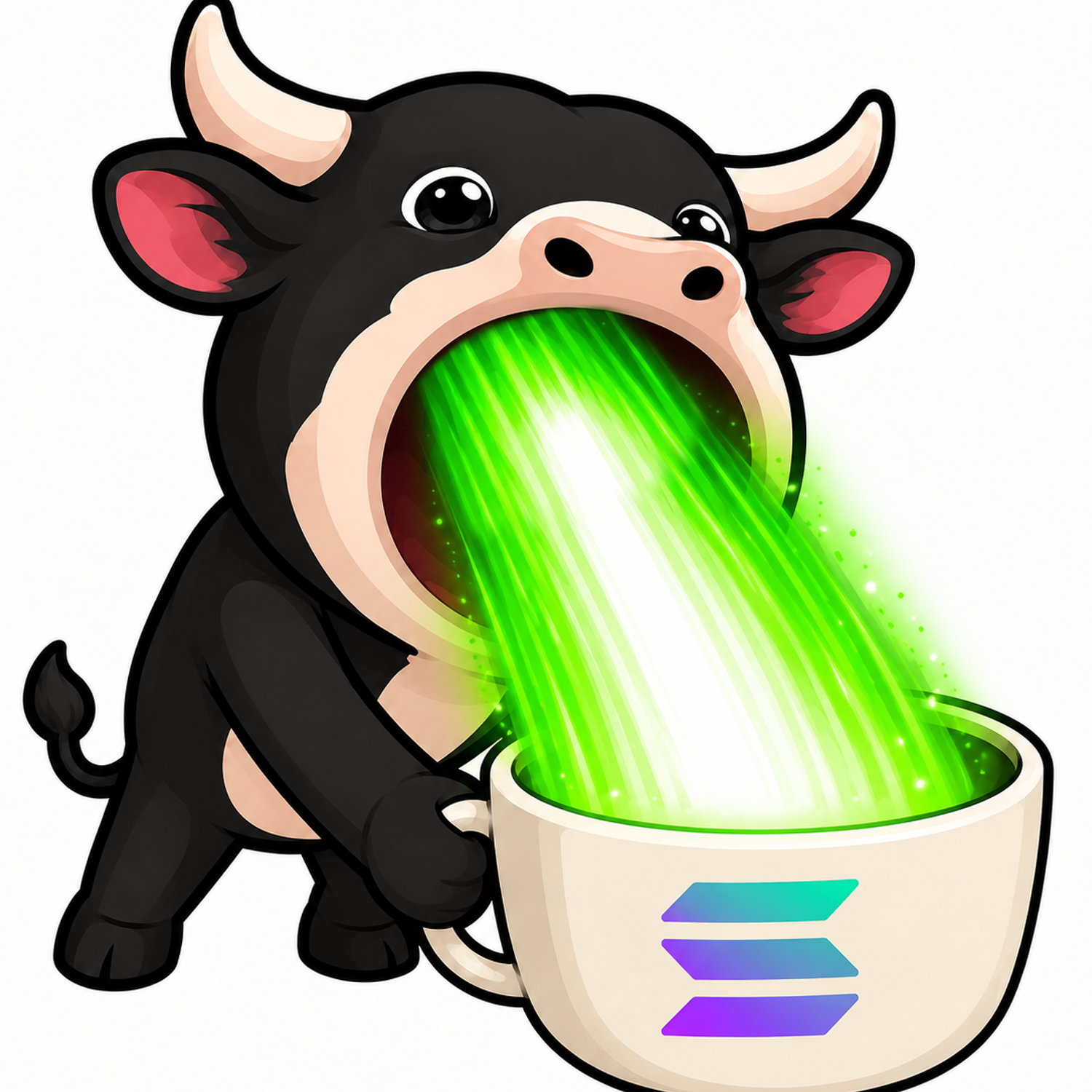 POPBULL blasting a green Solana beam into a coffee cup