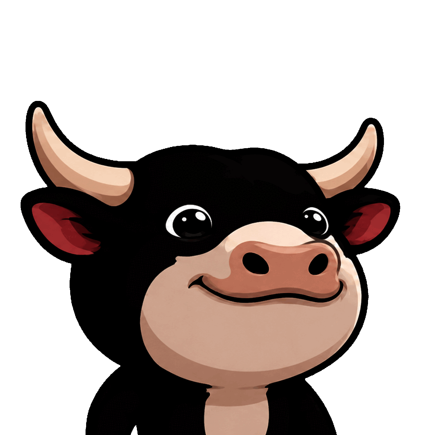 POPBULL, a cute black cartoon bull with cream horns and a smiling pink snout